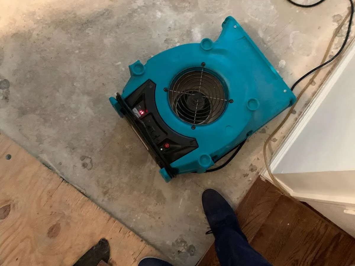 Air mover drying subfloor during Commercial Water Damage Restoration in Austintown